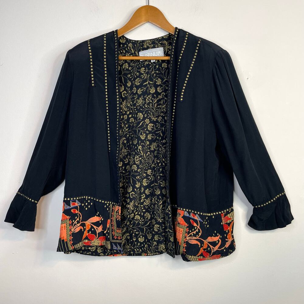 Vintage 90s Dorothy Schoelen Platinum Black Asian Art Deco Floral Open Jacket M